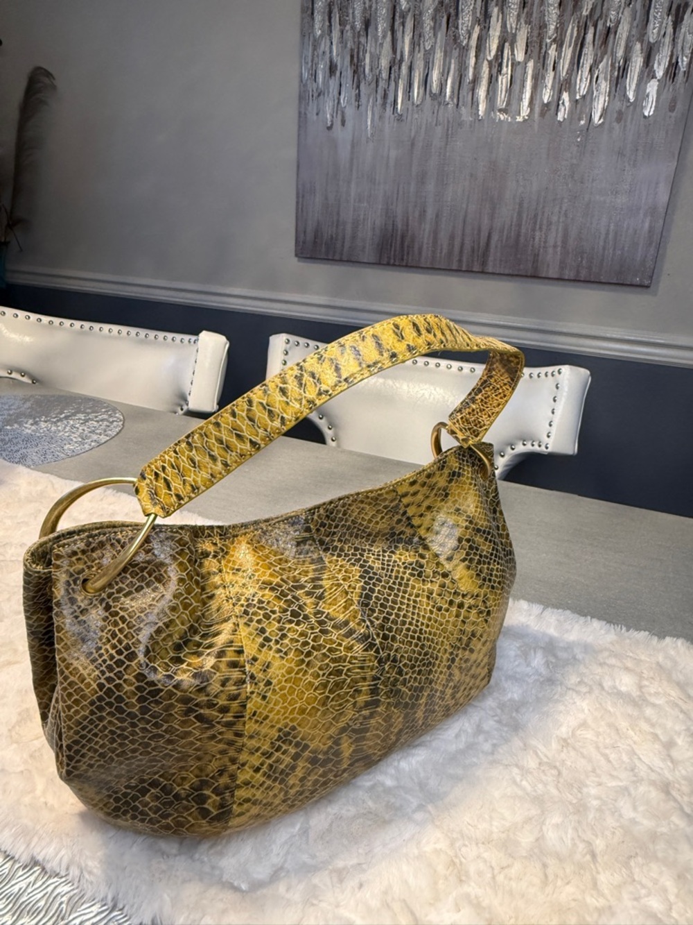 Snake Print Shoulder Bag | Neutral Tones | Gold Hardware